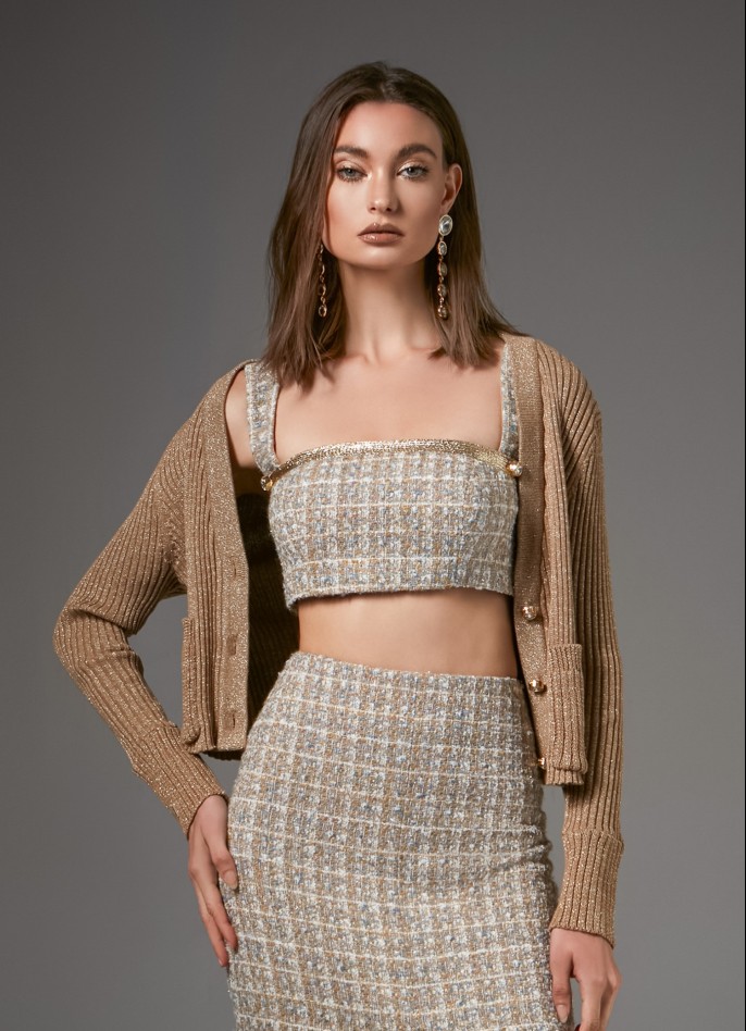 LIGHT BLUE GOLD-TRIM BOUCLÉ CROP TOP